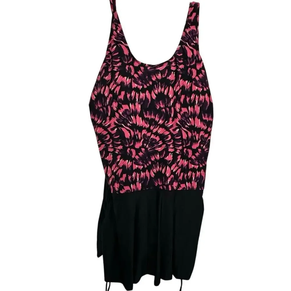 Roaman's Women's Pink Black Scoop Neck Sleeveless Swim Mini Dress Size 22W